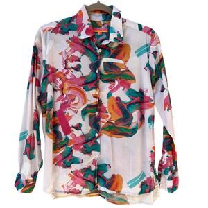 Vilagallo Art Paint Print Long Sleeve Button Down Blouse Pink Size 40/Large